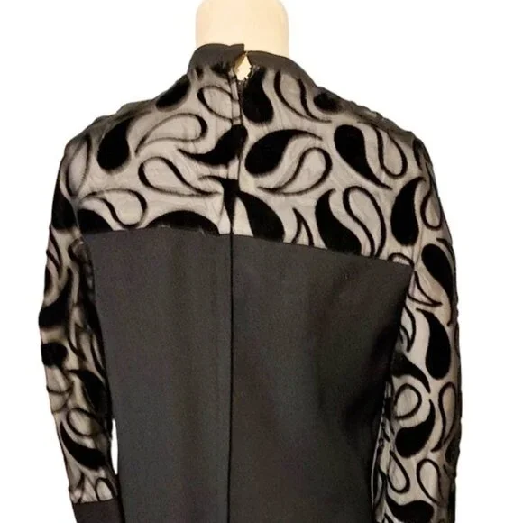 1960s Vintage Black Cocktail Dress With Illusion Top & Black Paisley Designs LBD - Picture 7 of 11